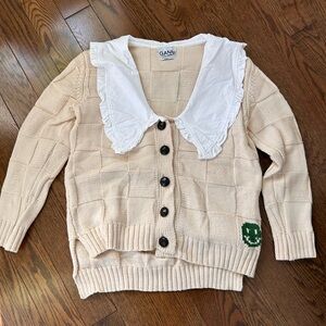 Ganni Beige Cardigan with White Ruffled Collar